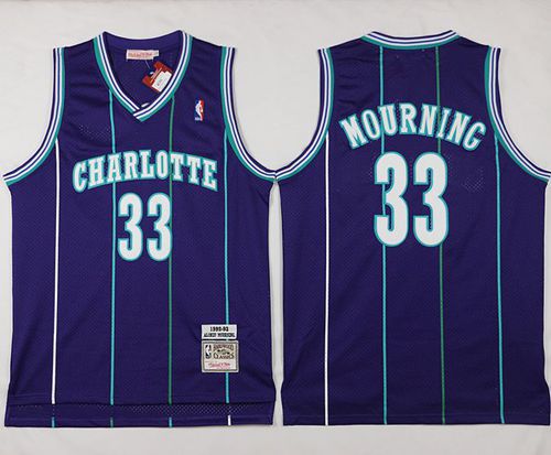 Men Charlotte Hornets 33 Alonzo Mourning Purple Throwback Stitched NBA Jersey